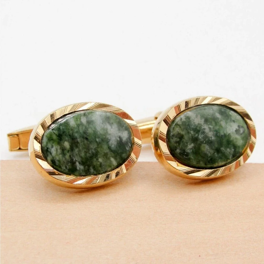 Vintage Gold Tone Jade Cufflinks Oval Green Stone Patented Retro MCM Classic